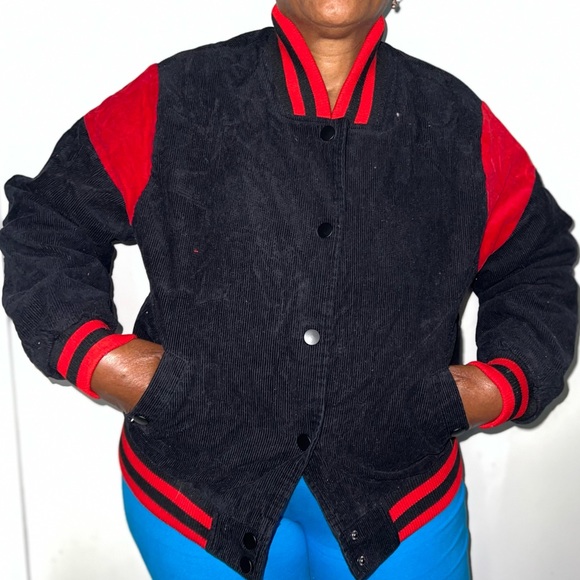 RED AND BLACK CORDUROY VARSITY JACKET - Picture 2 of 9